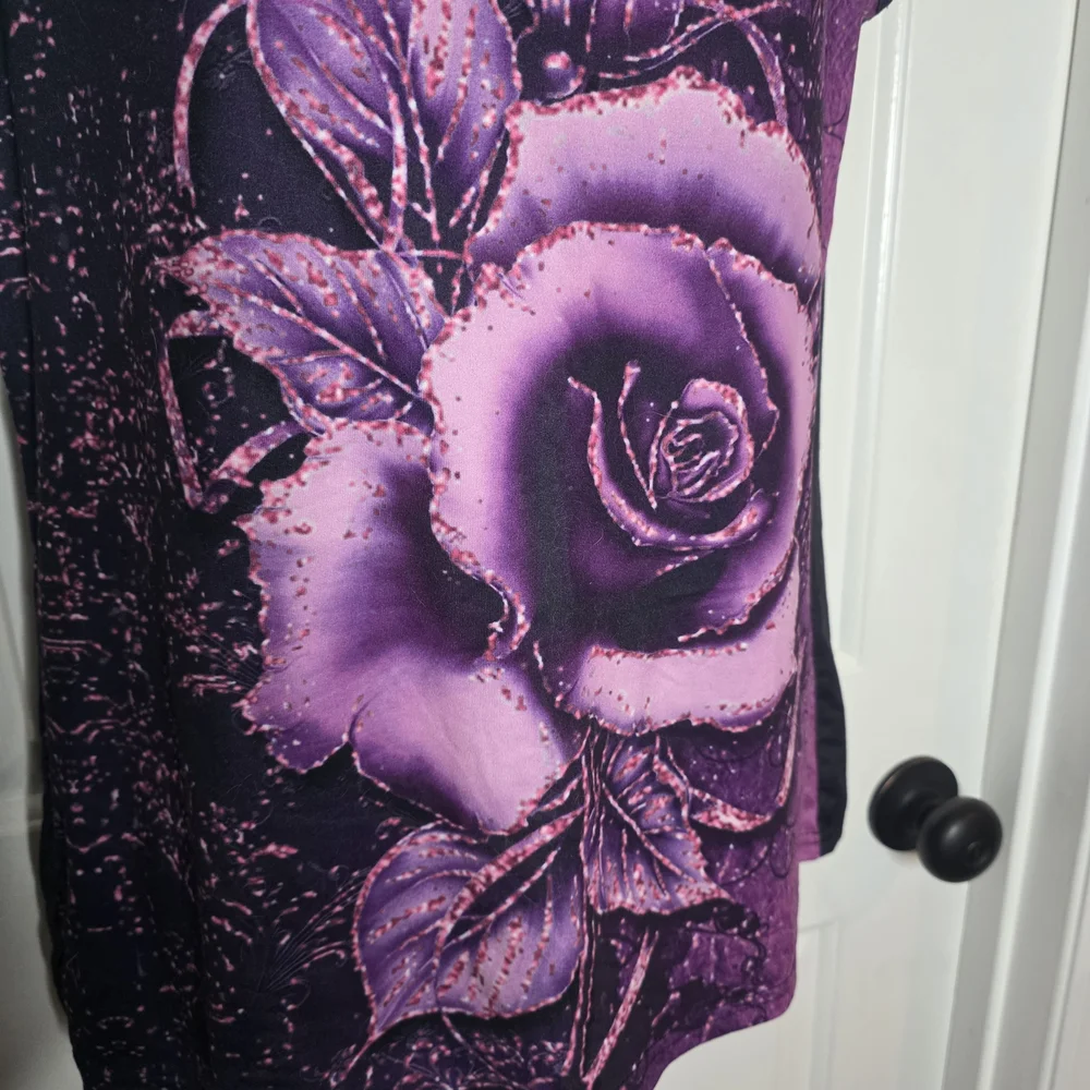 Sleeveless Purple Rose Print Tank with Lattice Cutout - Picture 2 of 3